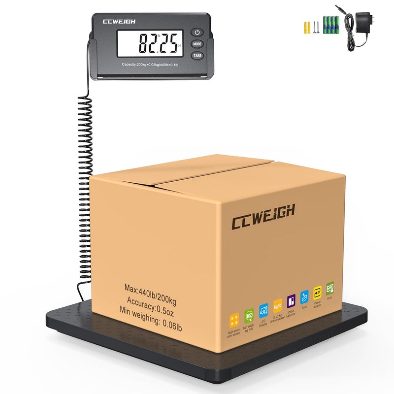 CCWEIGH Shipping Scales 440lbs x 1oz Highly Accurate Postal Scales Ultrathin ABS Large Platform,Superlight Postal Scales for Shipping Packages,Small Business,Post Offices,Luggage Scale Battery and Adapter - Image 1